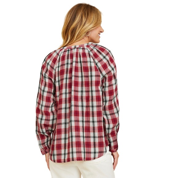 Garnet Hill Red Gauze Organic-Cotton Plaid Popover Blouse Women Medium 50683 NWT - Picture 2 of 11